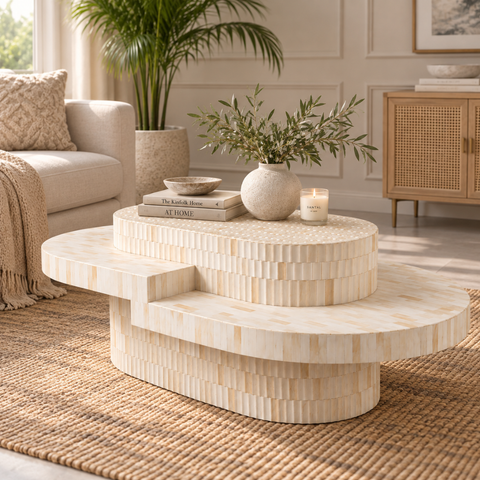 Handcrafted Bone Inlay Oval Coffee Table with Layered Sculptural Design
