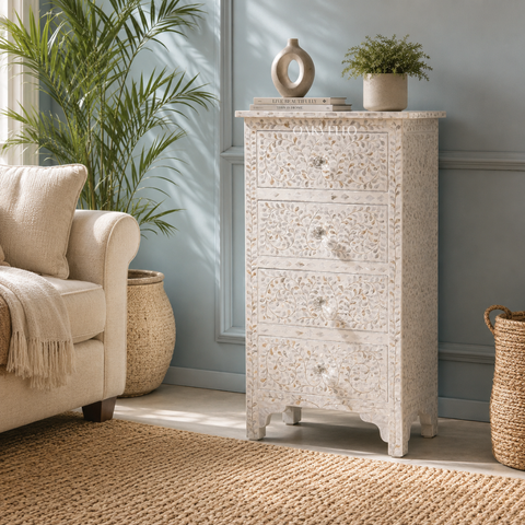 Bone Inlay Floral Tall Chest of Drawers – Grey