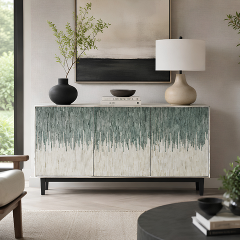 Green Carved Bone Inlay Cabinet | Handcrafted Artisan Storage Furniture – Oakvello