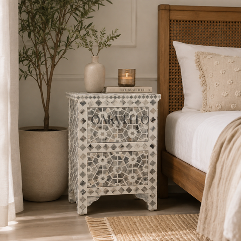 Silver Star Shell Inlay Bedside Table with Double Drawers