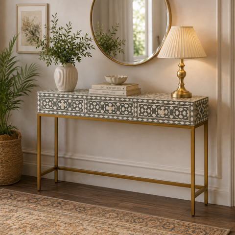 Bone Inlay Floral Medallion 3-Drawer Console Table – Sage Green & White