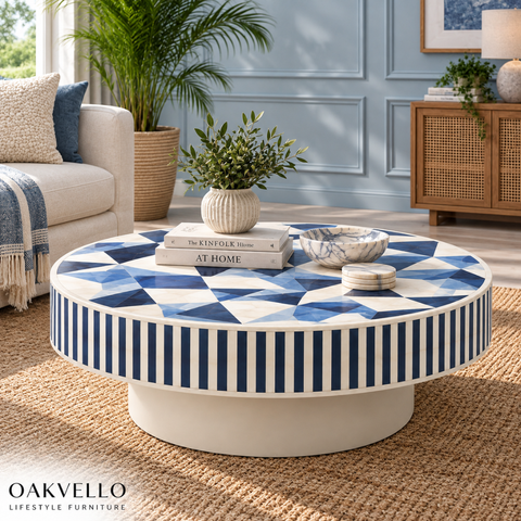 Navy Mosaic Round Bone Inlay Coffee Table| Handcrafted Artisan Living Room Centre Table – Oakvello