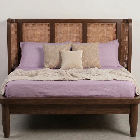 Aethel Handcrafted Teak Wood Cane Bed | Luxury Bedroom Furniture – Oakvello
