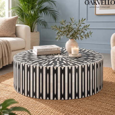 Black Stripe Round Bone Inlay Coffee Table | Handcrafted Artisan Living Room Furniture – Oakvello