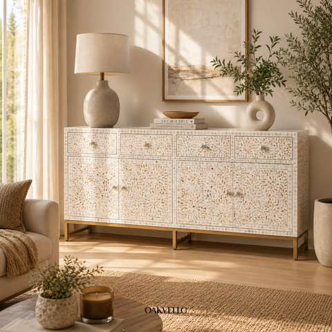 Shell Inlay Floral 4-Door Sideboard – Ivory White