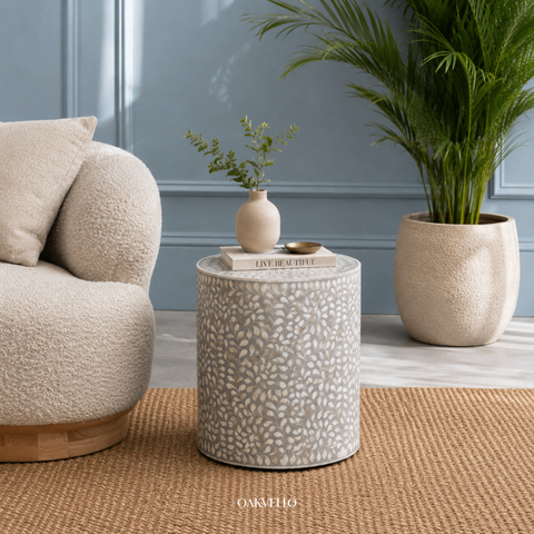 Shell Inlay Round Drum Side Table