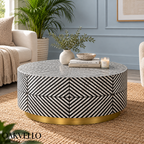 Monochrome Luxe Round Bone Inlay Coffee Table | Handcrafted Artisan Living Room Furniture – Oakvello