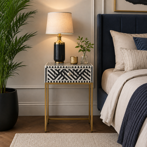 Noir Lattice Bone Inlay Bedside Table with Gold Frame
