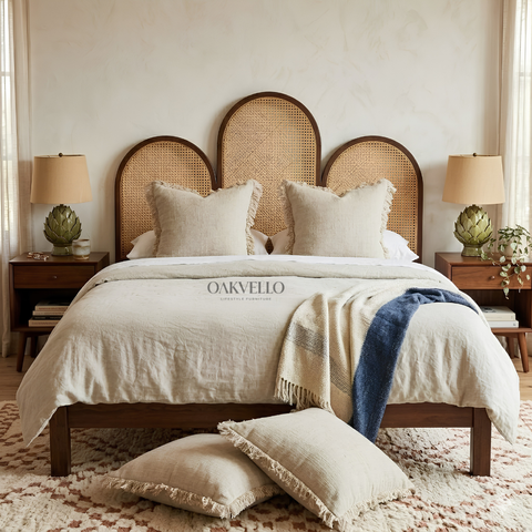 Solenne Arch Bed | Triple Arch Rattan Cane Headboard & Solid Teak Wood Frame