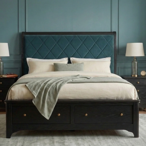 Caspian Solid Teak Wood Bed | Premium Upholstered Headboard – Oakvello