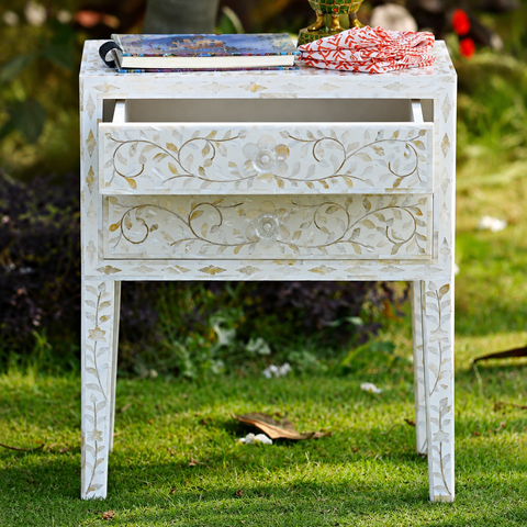 White Mother of Pearl 2-Drawer Long Leg Bedside Table | Handcrafted Artisan Nightstand – Oakvello