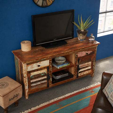 Reclaimed Boat Wood TV Multi Media Unit | Eco-Friendly Living Room Storage – Oakvello