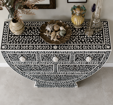Ajmeri Black Bone Inlay Curved Console Table | Artisan Entryway Furniture – Oakvello