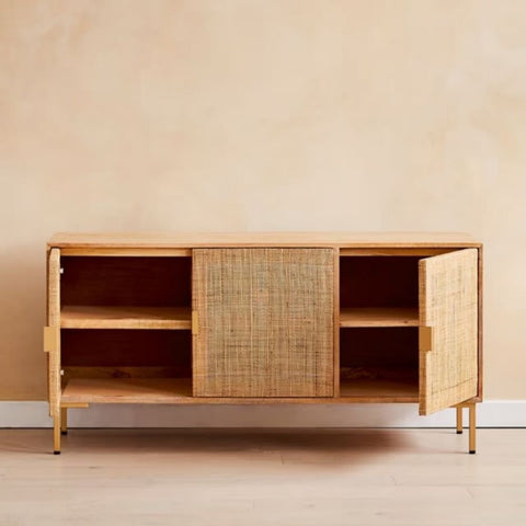 Rattan Webbed Large Solid Wood Sideboard | Boho Living Room Storage – Oakvello