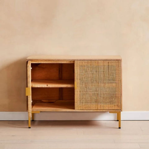 Rattan Webbed Solid Wood Sideboard | Boho Living Room Storage Cabinet – Oakvello
