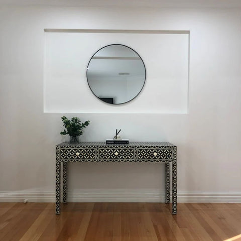 Black Geometric Bone Inlay Console Table | Handcrafted Artisan Entryway Furniture – Oakvello