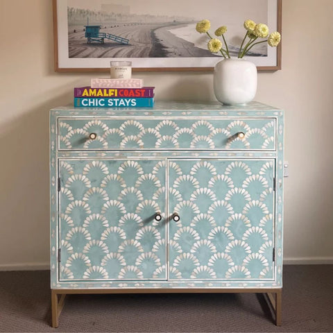 Green Shell Pattern Bone Inlay Sideboard | Handcrafted Artisan Living Room Storage – Oakvello