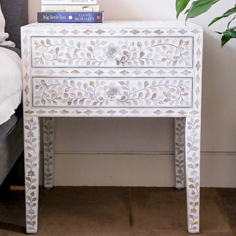 Floral Mother of Pearl 2-Drawer Bedside Table | Handcrafted Artisan Nightstand – Oakvello