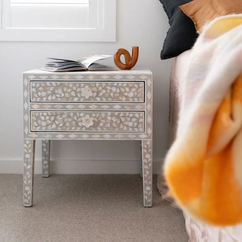 Jaipuri Floral Mother of Pearl 2-Drawer Bedside Table | Handcrafted Nightstand – Oakvello