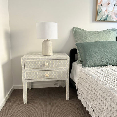 Jaipuri Grey Lattice Bone Inlay Bedside Table | Handcrafted Nightstand – Oakvello