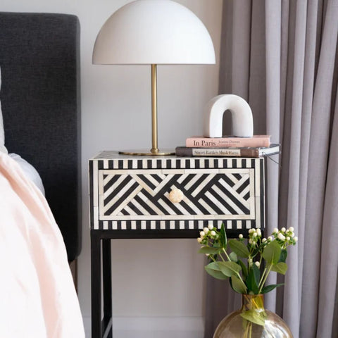 Jaipuri Bone Inlay Bedside Table with Steel Legs | Handcrafted Nightstand – Oakvello