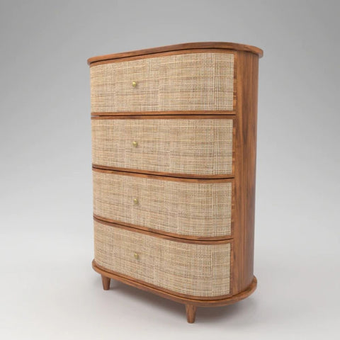 Curved Rattan Chest of Drawers | Boho Solid Wood Bedroom Dresser – Oakvello