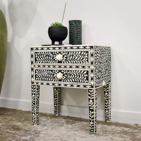 Ajmeri Black Floral Bone Inlay 2-Drawer Bedside Table – Oakvello