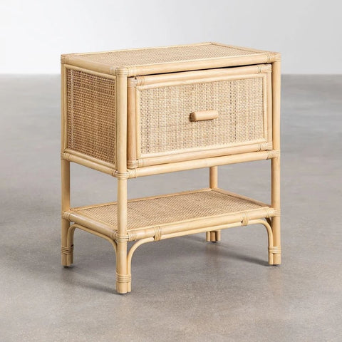 Rattan Solid Wood Bedside Table | Boho Bedroom Nightstand – Oakvello