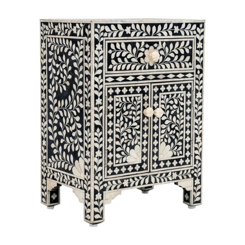 Ajmeri Black Floral Bone Inlay Bedside Table with Cabinet – Oakvello