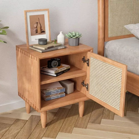 Weaved Rattan & Solid Wood Bedside Table | Boho Bedroom Nightstand – Oakvello