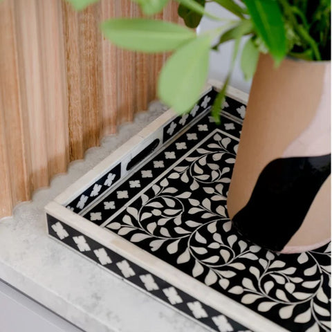Ajmeri Black Floral Bone Inlay Decorative Tray | Handcrafted Accent – Oakvello