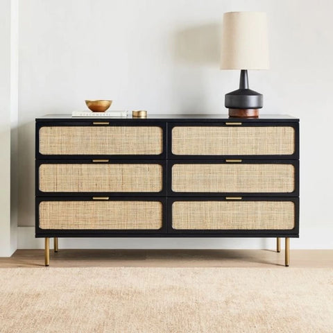 Ida Woven 6-Drawer Dresser | Rattan Weave Solid Wood Bedroom Storage – Oakvello