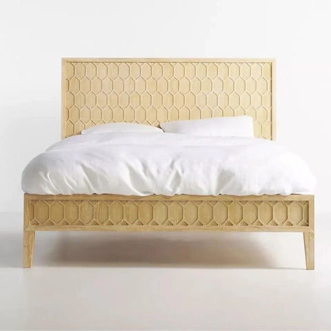 Carved Trellis Textured Solid Wood Bed | Handcrafted Heritage Bedroom Furniture – Oakvello