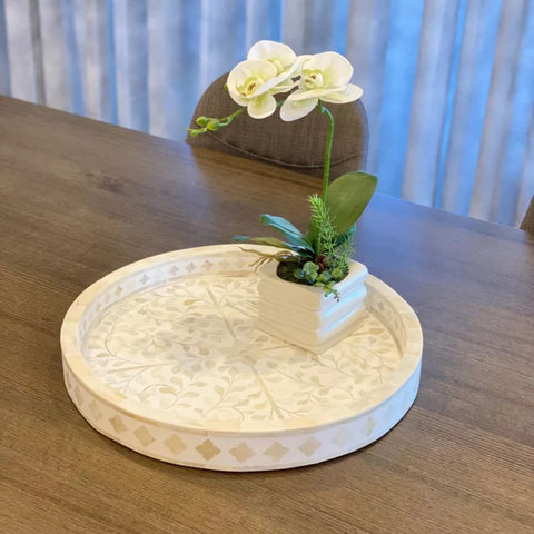 White Floral Bone Inlay Round Tray | Handcrafted Artisan Decorative Accessory – Oakvello