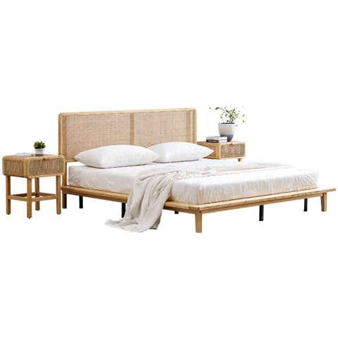 Ajmer Solid Wood Cane Rattan Bed | Handcrafted Bedroom Furniture – Oakvello
