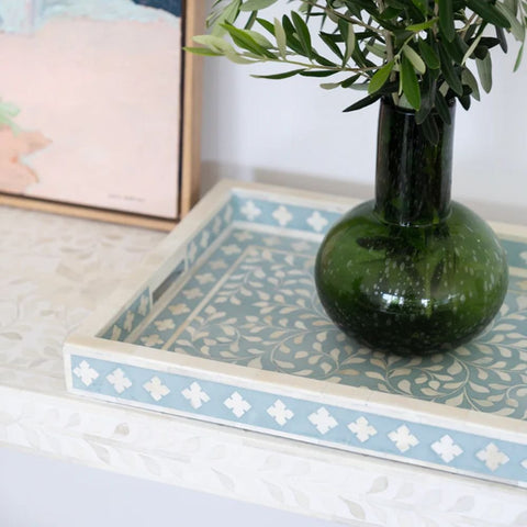 Dusty Blue Floral Bone Inlay Decorative Tray | Handcrafted Artisan Accessory – Oakvello