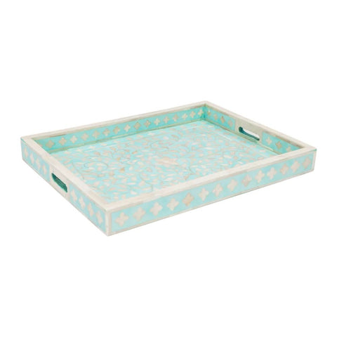 Aqua Green Floral Bone Inlay Decorative Tray | Handcrafted Artisan Accessory – Oakvello
