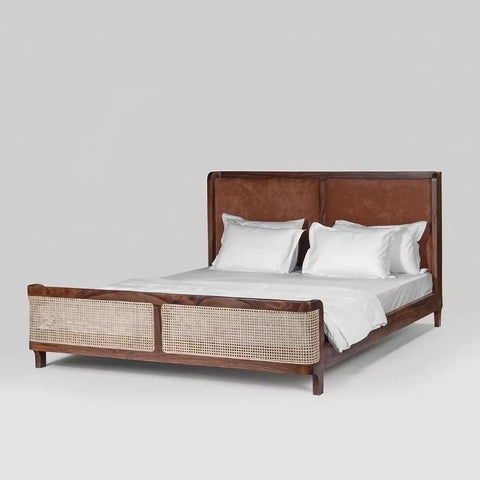 Jodhpur Solid Wood Bed with Cane | Handcrafted Rattan Bedroom Furniture – Oakvello