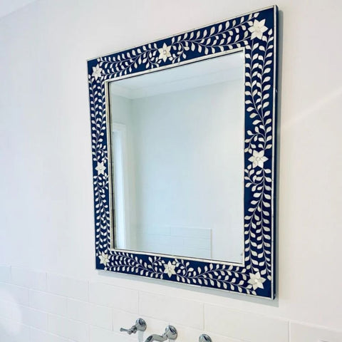 Blue Floral Bone Inlay Rectangle Mirror | Handcrafted Artisan Wall Decor – Oakvello