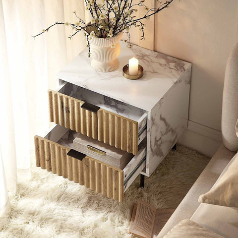Marble Effect 2-Drawer Bedside Table | Solid Wood Luxury Nightstand – Oakvello