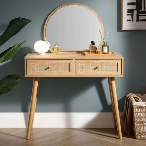 Natural Rattan Dressing Table with Mirror | Boho Bedroom Vanity Furniture – Oakvello