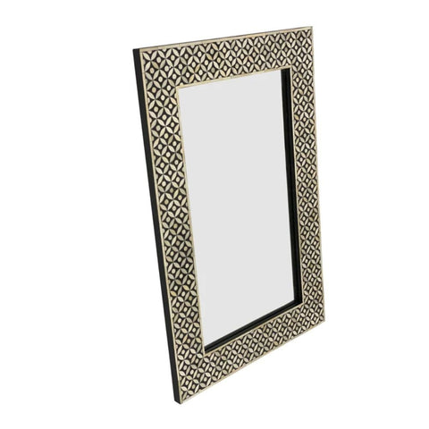 Geometric Bone Inlay Rectangle Mirror | Handcrafted Artisan Wall Decor – Oakvello