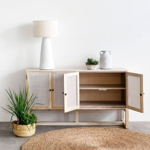 4-Door Whitewash Sideboard | Rustic Solid Wood Living Room Storage – Oakvello