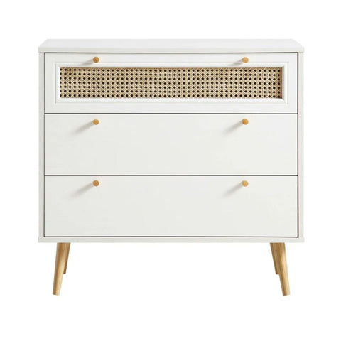 White Rattan 3-Drawer Chest | Boho Solid Wood Bedroom Dresser – Oakvello