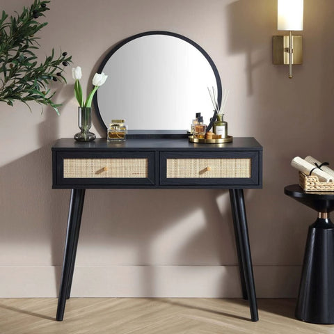 Black Rattan Dressing Table with Mirror | Boho Bedroom Vanity Furniture – Oakvello