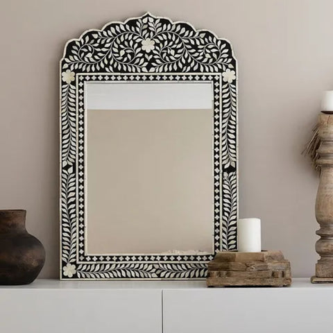 White Handmade Bone Inlay Wall Mirror | Artisan Decorative Home Decor – Oakvello