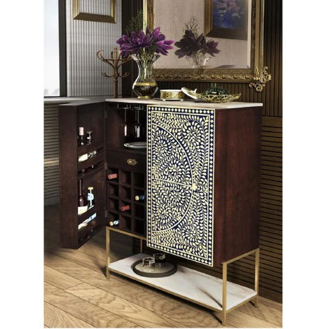 Blue Bone Inlay Bar Cabinet | Handcrafted Artisan Home Bar Storage – Oakvello