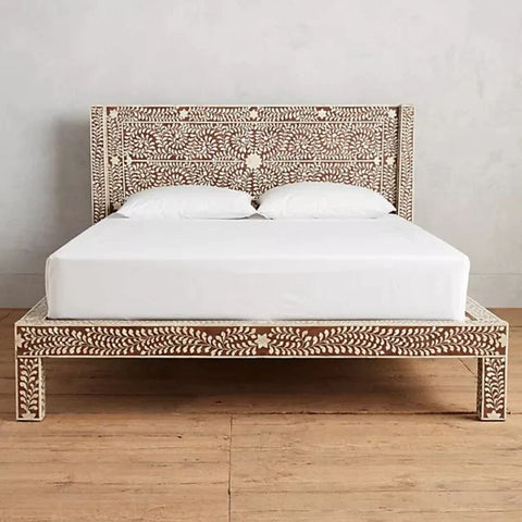 Brown Bone Inlay Solid Wood Bed | Handcrafted Luxury Bedroom Furniture – Oakvello