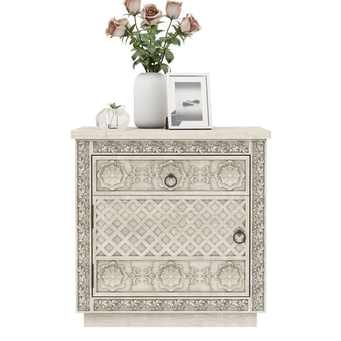 Hand Carved Solid Wood Bedside Table | Artisan Handcrafted Nightstand – Oakvello