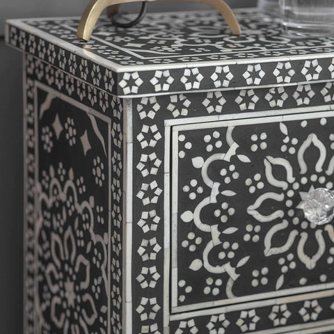 Ajmeri Black Bone Inlay Bedside Table | Handcrafted Nightstand – Oakvello